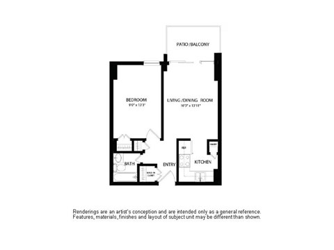 Floor plan for 1 bed, 1 bath, 472 sqft